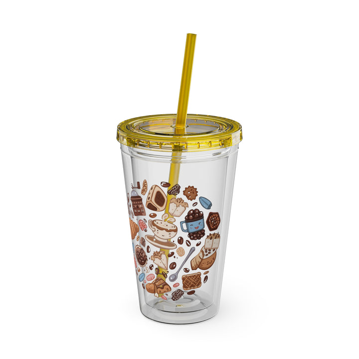 Sunsplash 16oz Tumbler – Cute Café Cartoon Coffee & Dessert, Straw Included