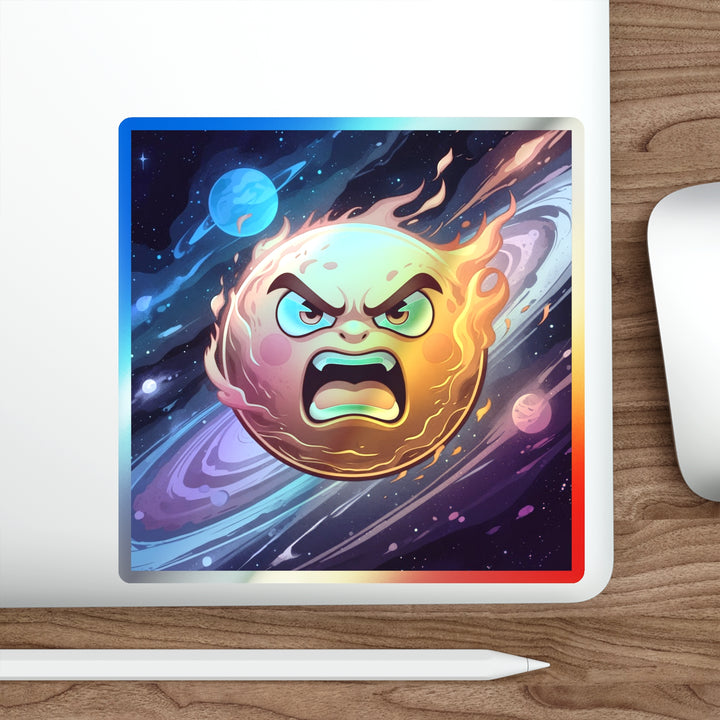 Holographic Die-Cut Sticker – Fiery Cosmic Sun Cartoon | Trendy Retro Shine