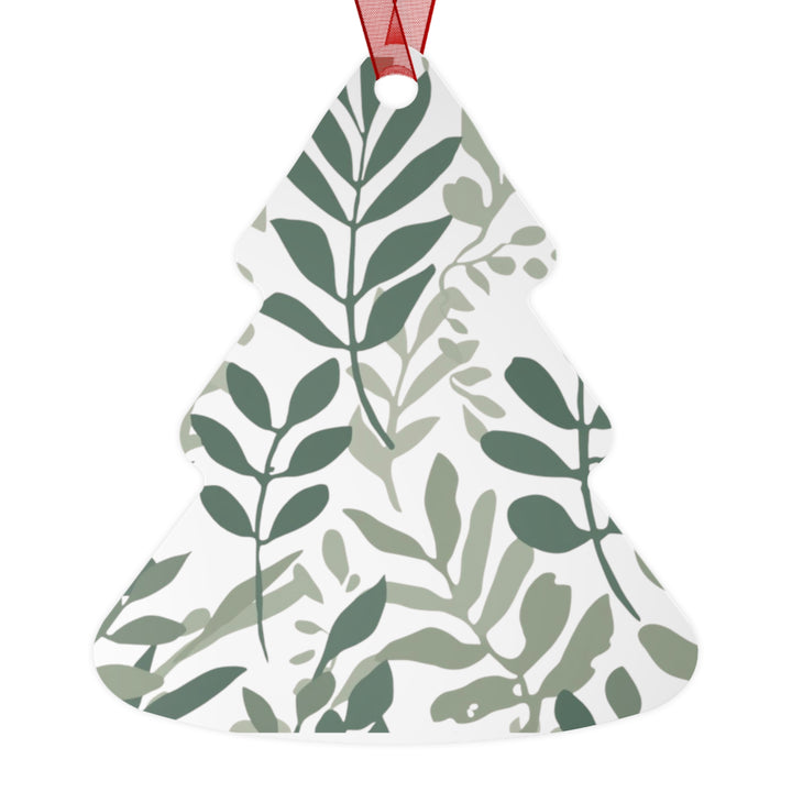 Modern Botanical Metal Ornament – Hand-Drawn Green Leaves on Black, Customizable