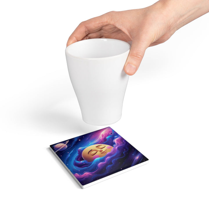 Whimsical Galaxy Moon Ceramic Coaster – Cute Space Decor, Cork Backed