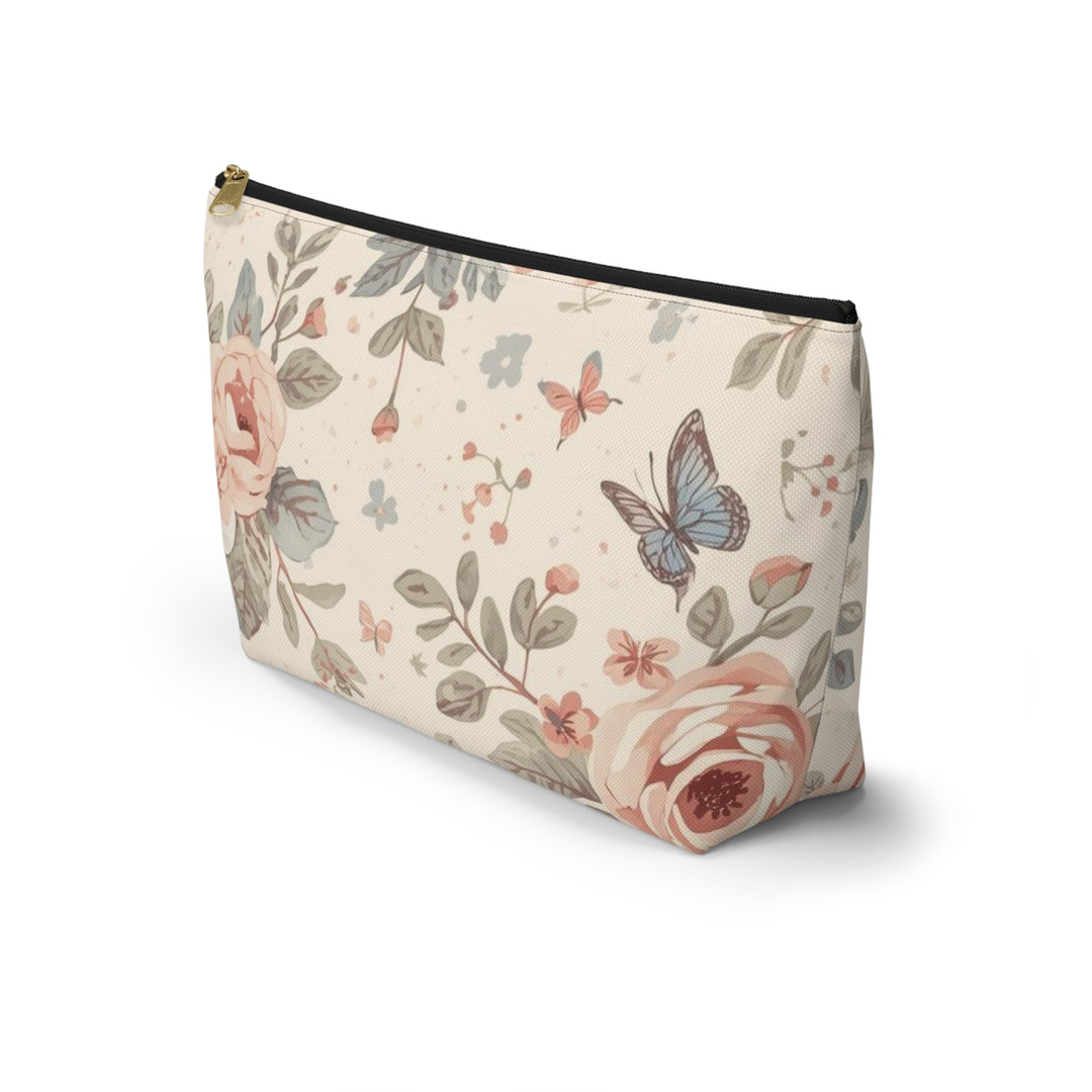 Chic T-Bottom Accessory Pouch – Pastel Floral Roses & Butterflies, Stylish Organizer