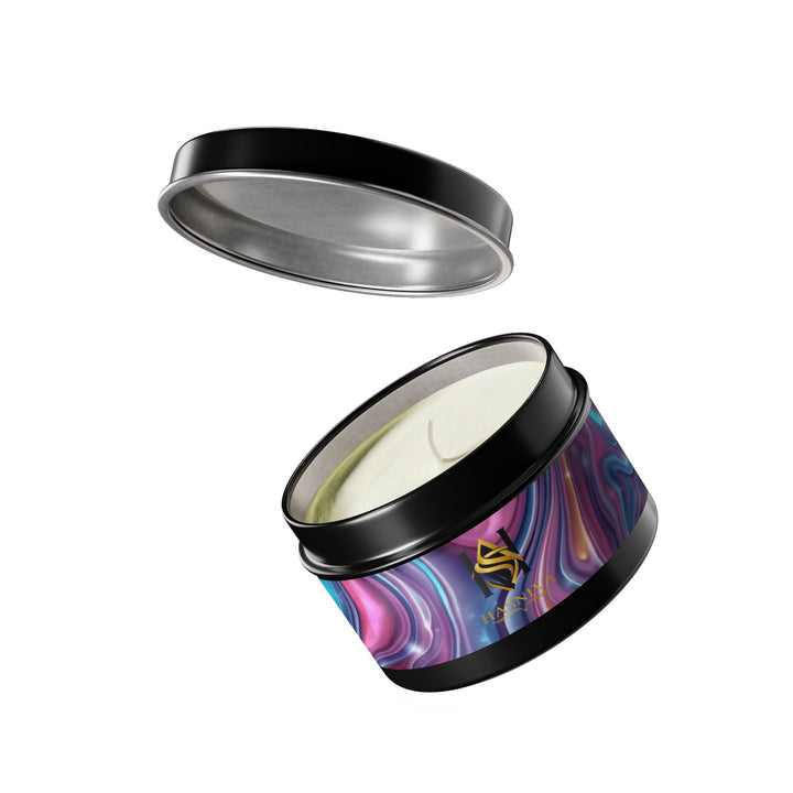 Handcrafted Iridescent Tin Candle – Luxe Soy, Custom Swirl Design, Gift-Ready