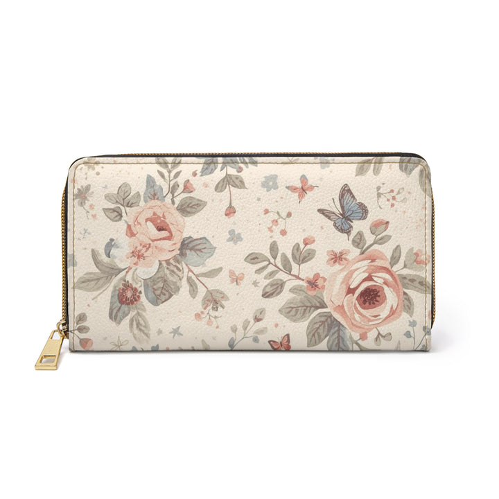 Sleek Floral Zipper Wallet – Personalized Faux Leather, Vintage Roses & Butterflies