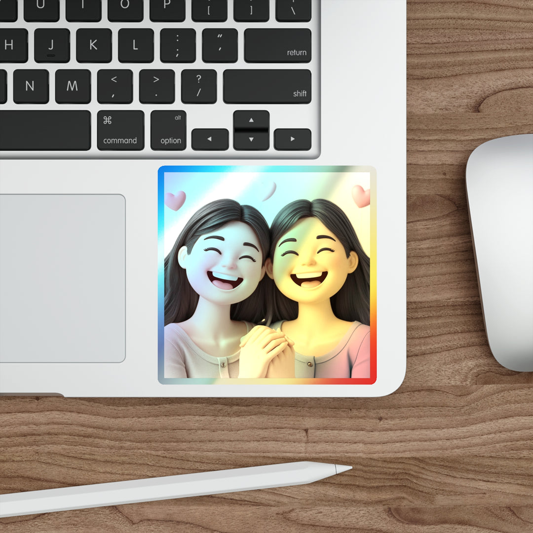 Holographic Die-Cut Sticker – Cute Cartoon Friends, Trendy Iridescent Shine
