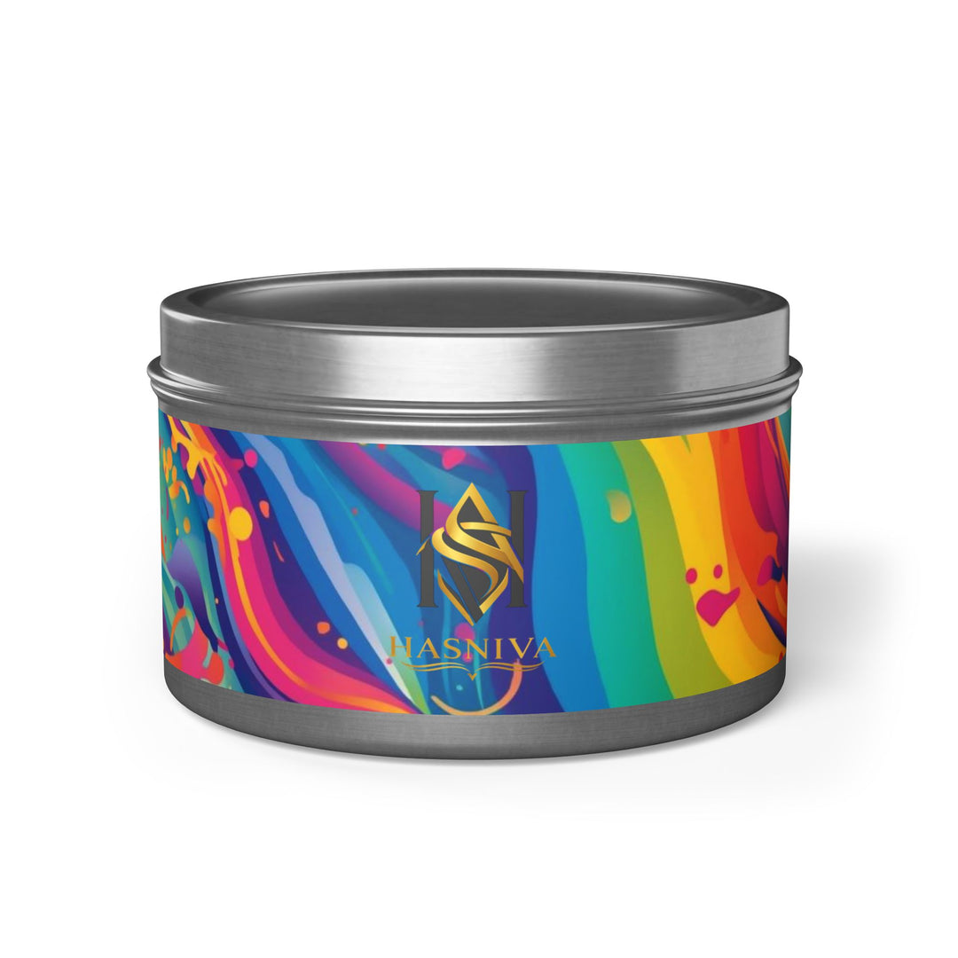 Hand-Poured Tin Candle – Vibrant Abstract Rainbow, Eco Coconut Soy, Gift-Ready