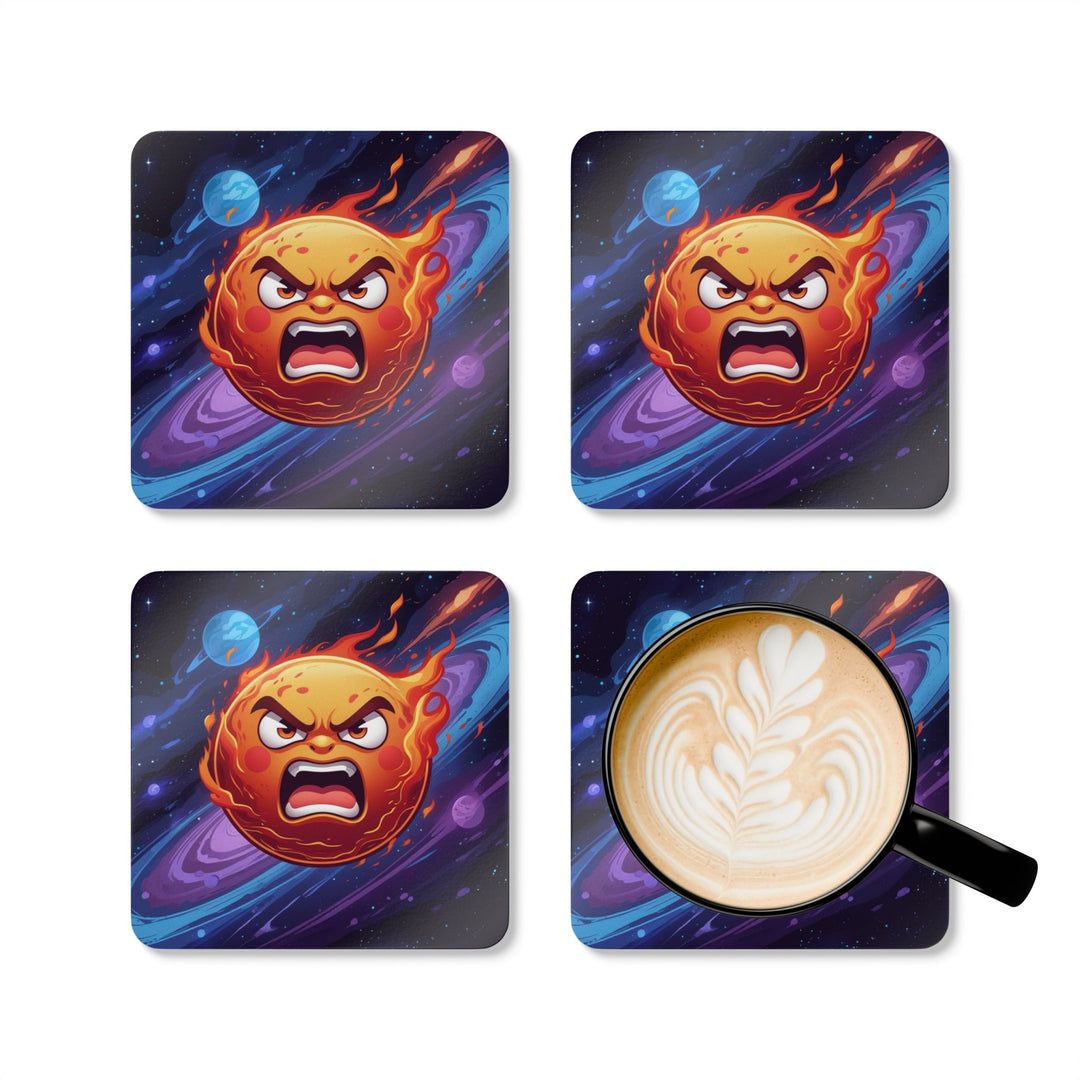 Fiery Cosmic Sun Corkwood Coaster Set – Bold Cartoon Space Table Decor