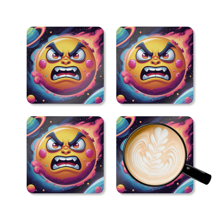 Angry Sun Space Corkwood Coaster Set – Fun Cosmic Decor, Eco & Stylish!