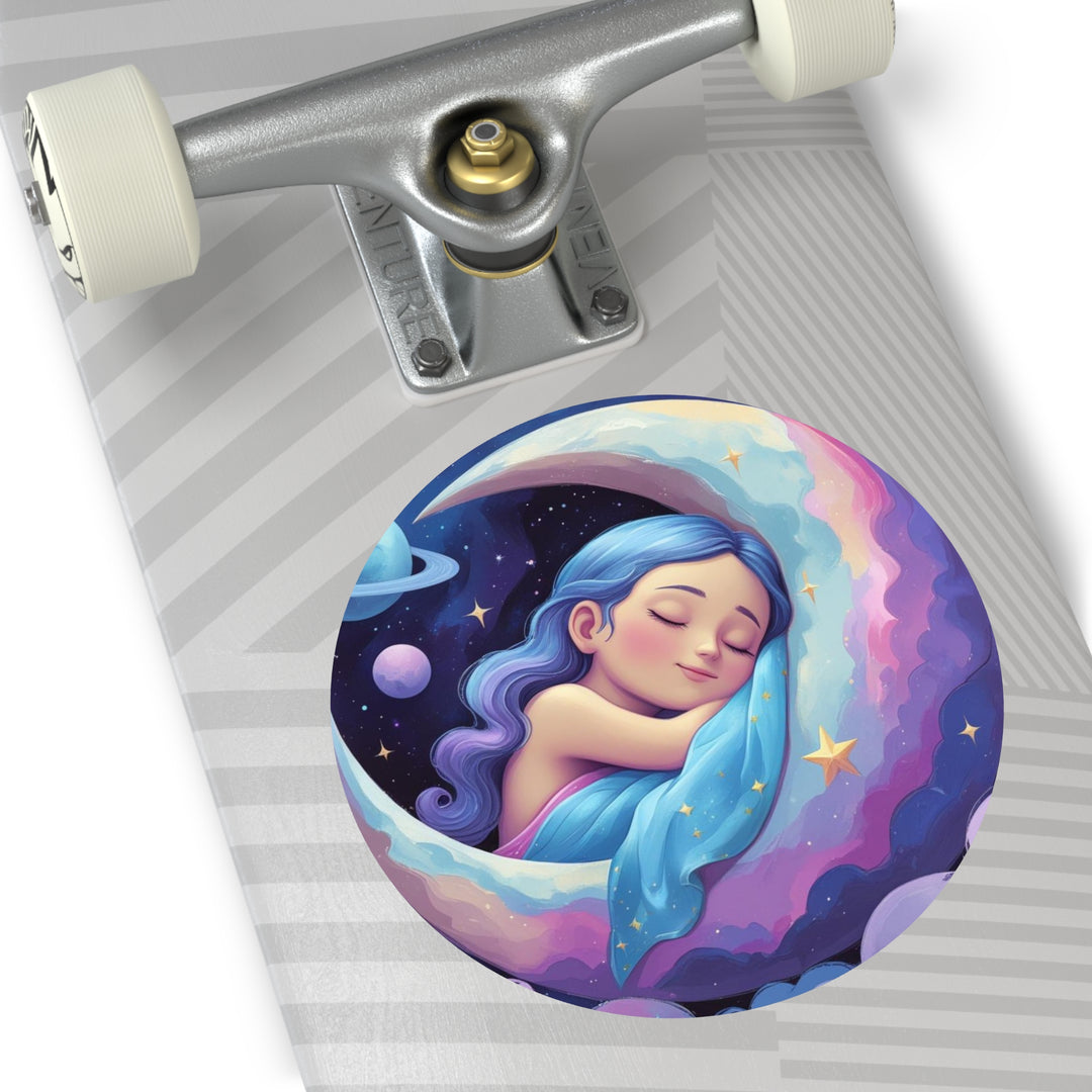 Dreamy Girl on Moon Custom Round Vinyl Sticker – Waterproof, Trendy & Durable