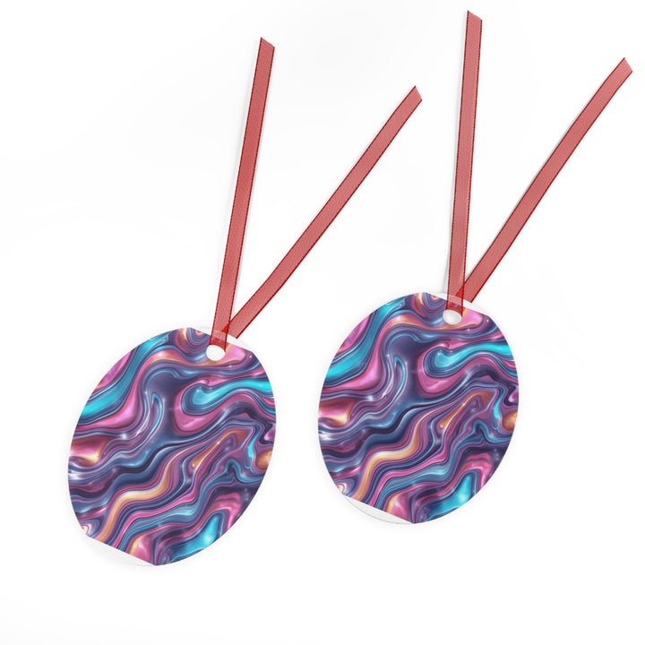Glossy Metal Ornament – Iridescent Swirl Modern Marble Design, Customizable