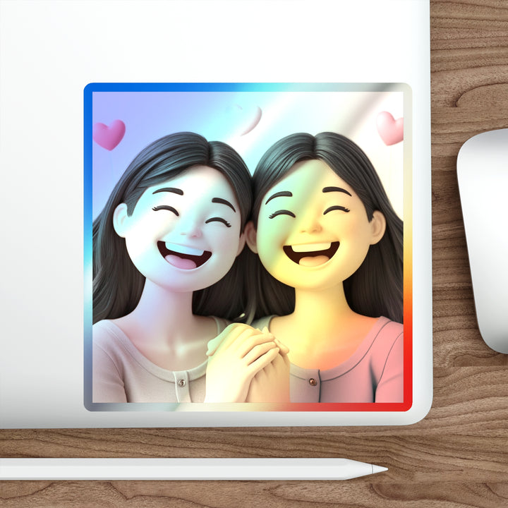Holographic Die-Cut Sticker – Cute Cartoon Friends, Trendy Iridescent Shine