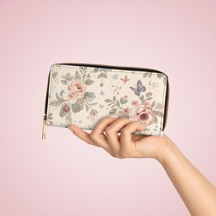 Sleek Floral Zipper Wallet – Personalized Faux Leather, Vintage Roses & Butterflies