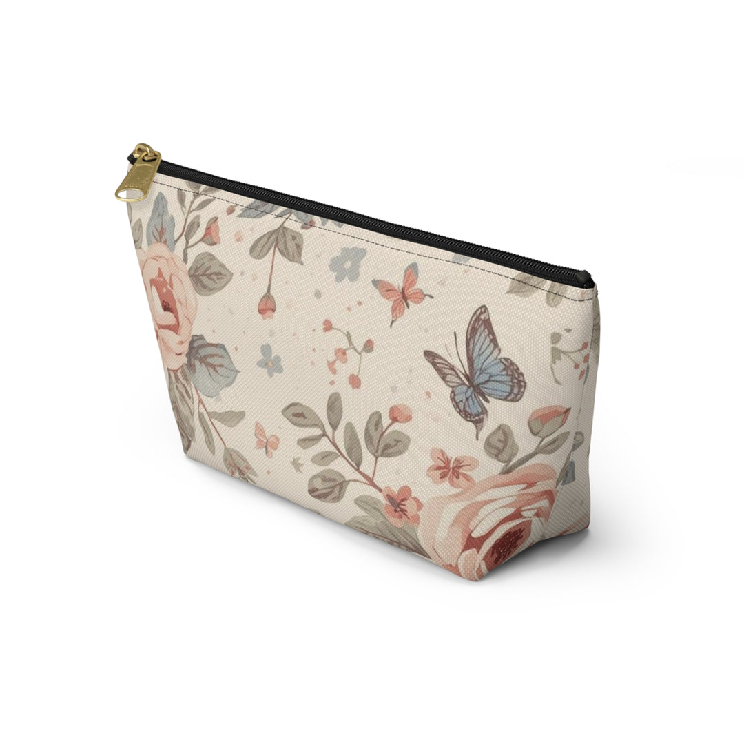 Chic T-Bottom Accessory Pouch – Pastel Floral Roses & Butterflies, Stylish Organizer