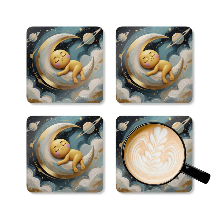 Whimsical Celestial Corkwood Coaster Set – Cute Moon & Stars Nursery Decor