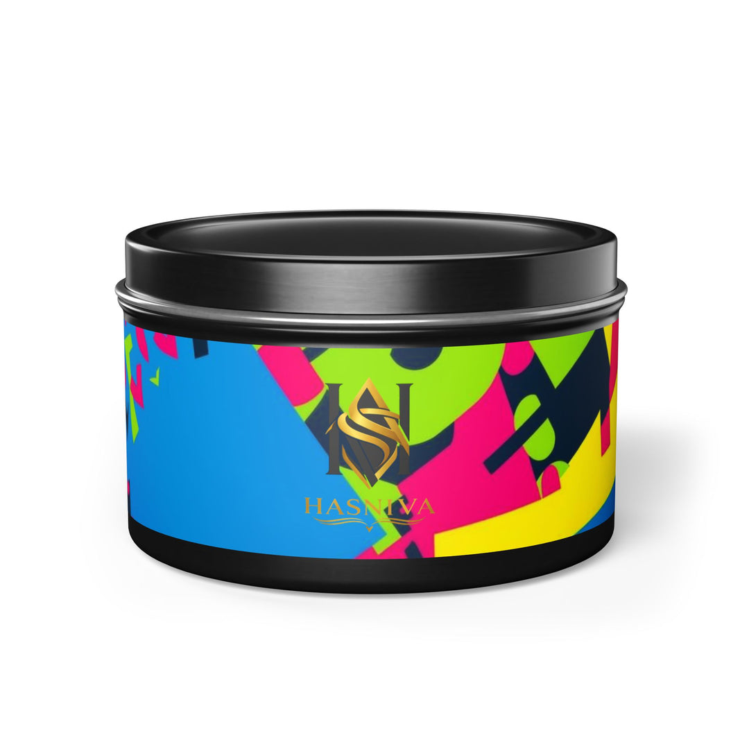 Custom Hand-Poured Tin Candles – Bold Abstract Neon Design, Eco-Friendly