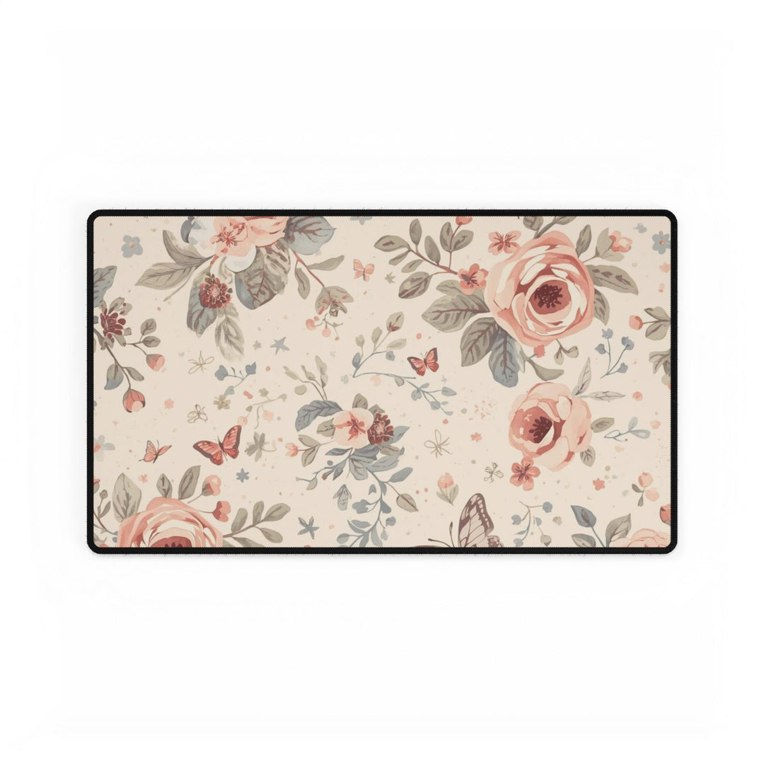 Premium Floral Desk Mat – Elegant Pastel Roses & Butterflies, Non-Slip, Waterproof