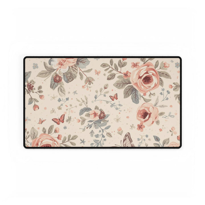 Premium Floral Desk Mat – Elegant Pastel Roses & Butterflies, Non-Slip, Waterproof