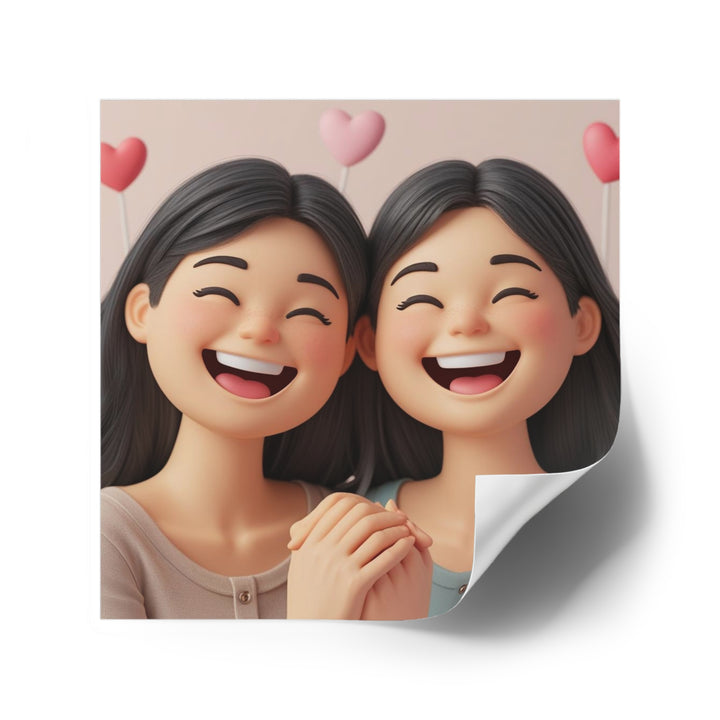 Charming 3D Cartoon Girls Laminate Square Sticker – Cute & Durable!