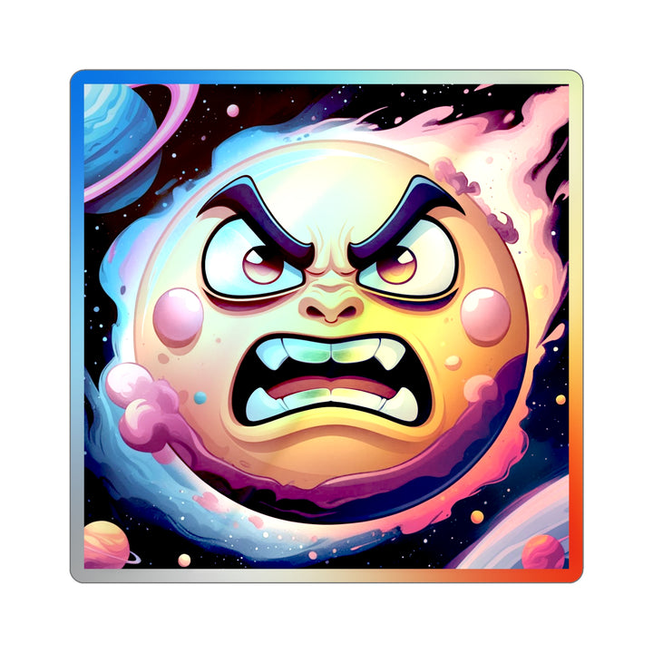 Holographic Die-Cut Sticker – Angry Sun Space Cartoon, Retro Cosmic Vibes