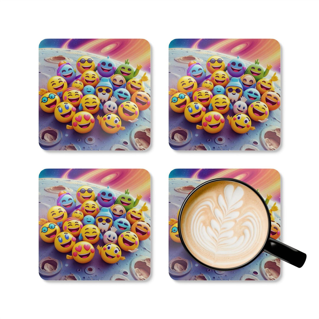 Emoji Cosmic Corkwood Coaster Set – Fun Modern Decor, Gift-Ready, 4 Pack