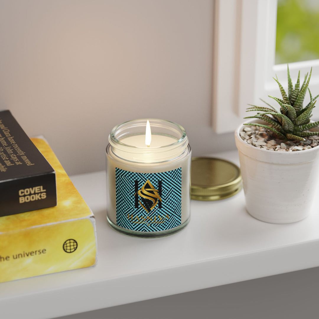 Hand-Poured Coconut Apricot Scented Candle – Futuristic Aqua Grid Design