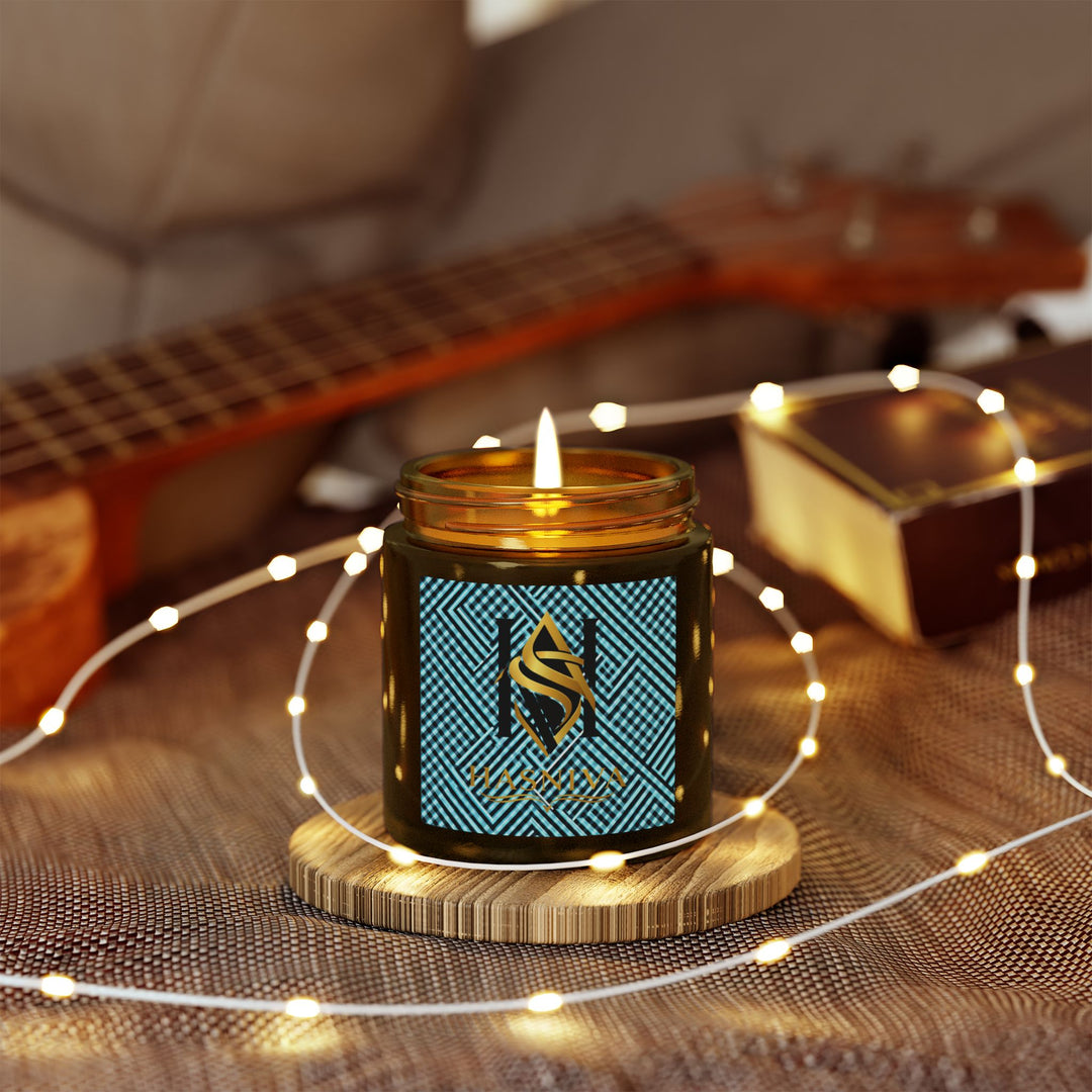 Hand-Poured Coconut Apricot Scented Candle – Futuristic Aqua Grid Design