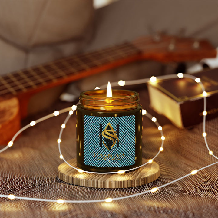 Hand-Poured Coconut Apricot Scented Candle – Futuristic Aqua Grid Design