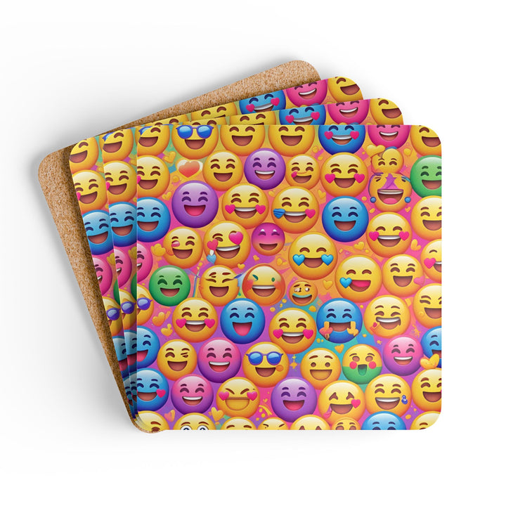 Emoji Corkwood Coaster Set – Fun High-Gloss, Non-Slip, Vibrant Smiley Decor