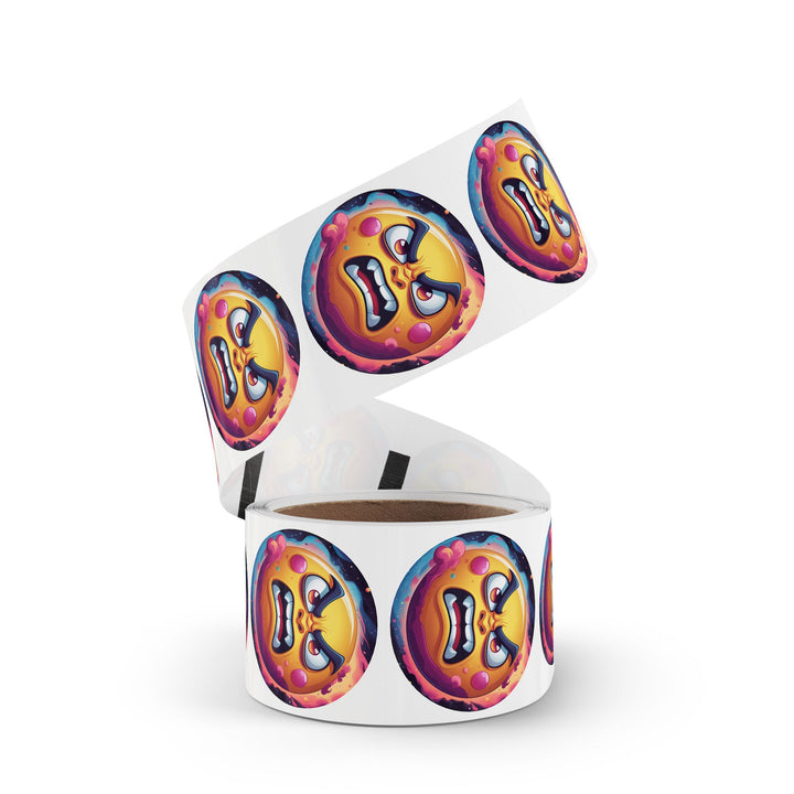 Round Sticker Label Roll – Angry Sun Space Theme, Durable, Fun & Glossy