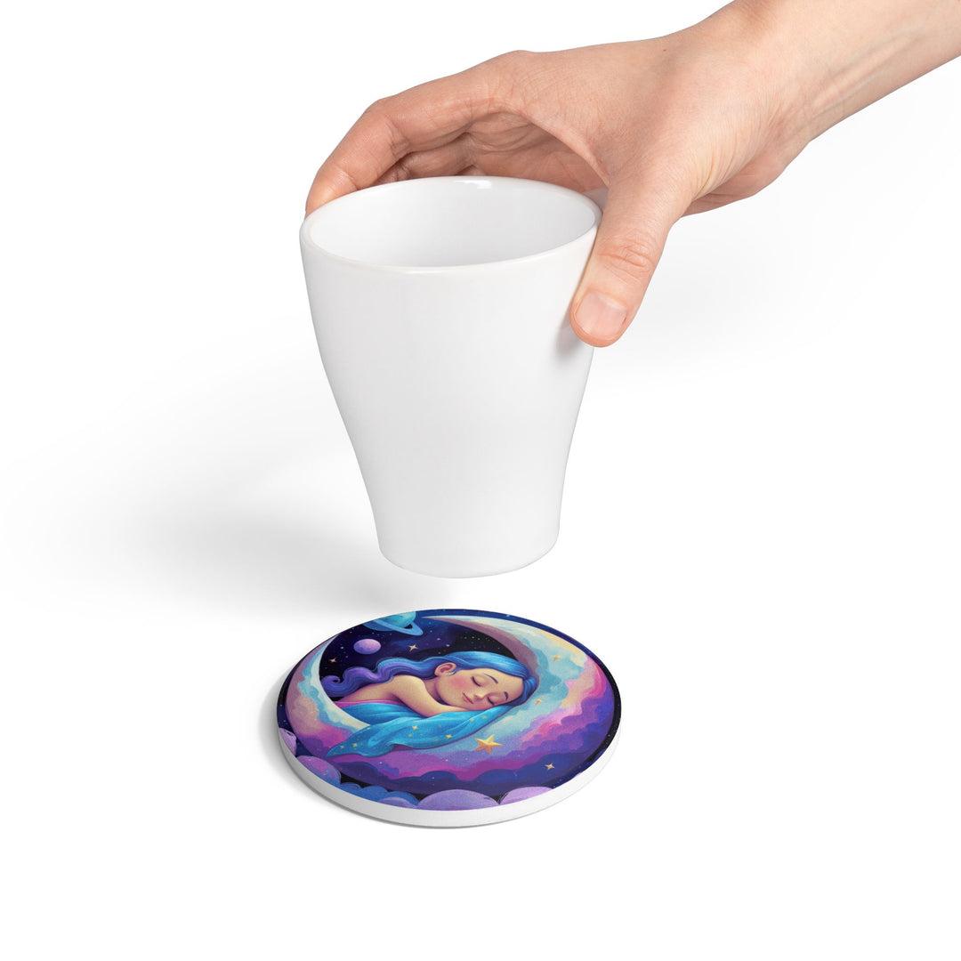 Dreamy Moon Girl Ceramic Coaster – Whimsical Celestial Night Decor