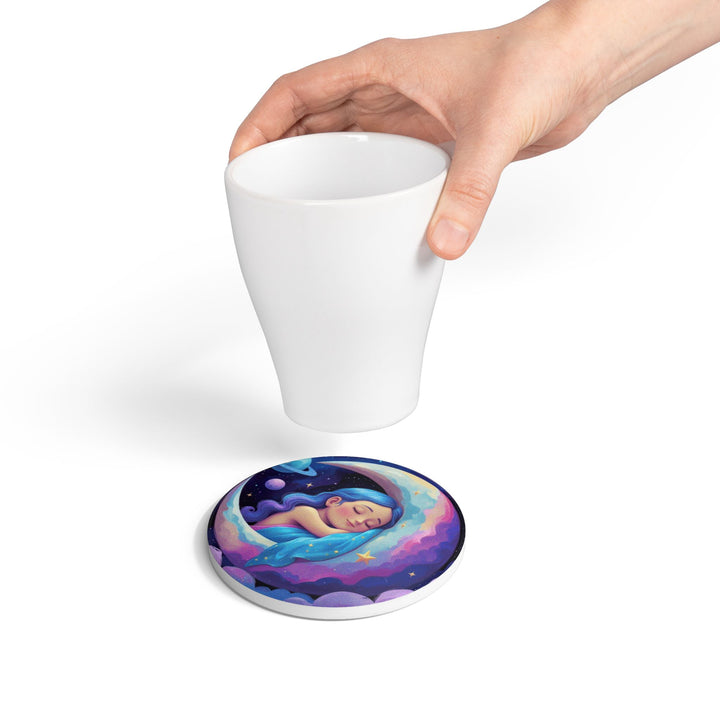 Dreamy Moon Girl Ceramic Coaster – Whimsical Celestial Night Decor