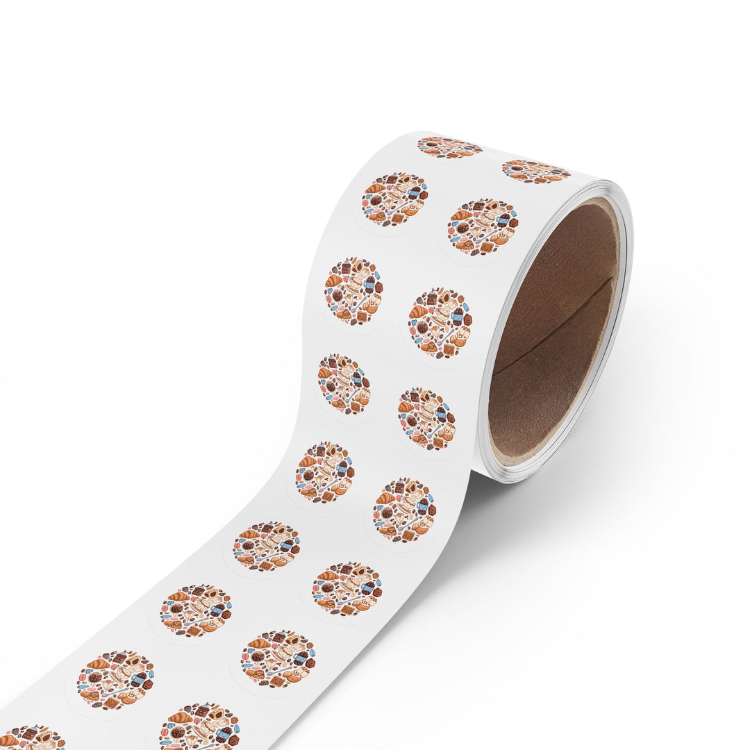 Coffee & Dessert Round Sticker Rolls – Durable, Cute Café Labels, 50-250ct