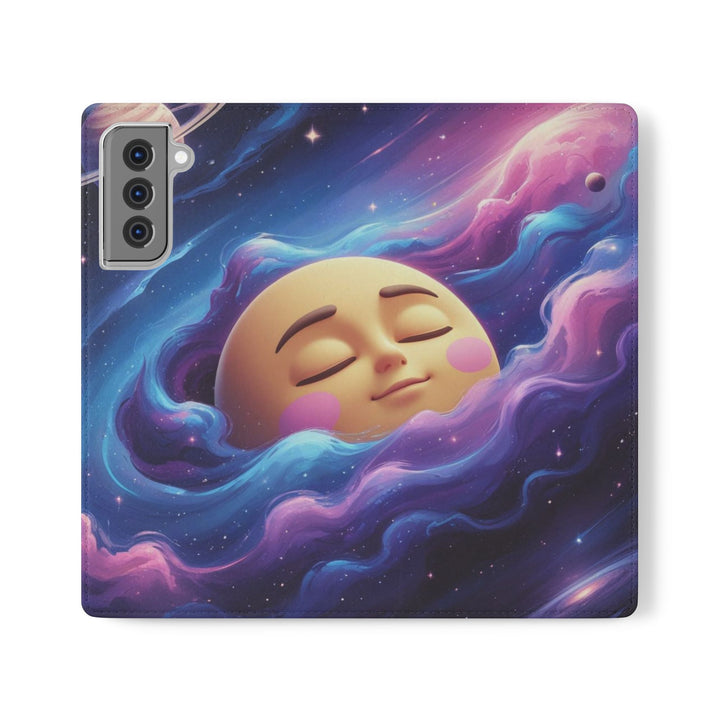 Dreamy Galaxy Flip Case – Cute Moon & Star Wallet Cover, Vegan Leather