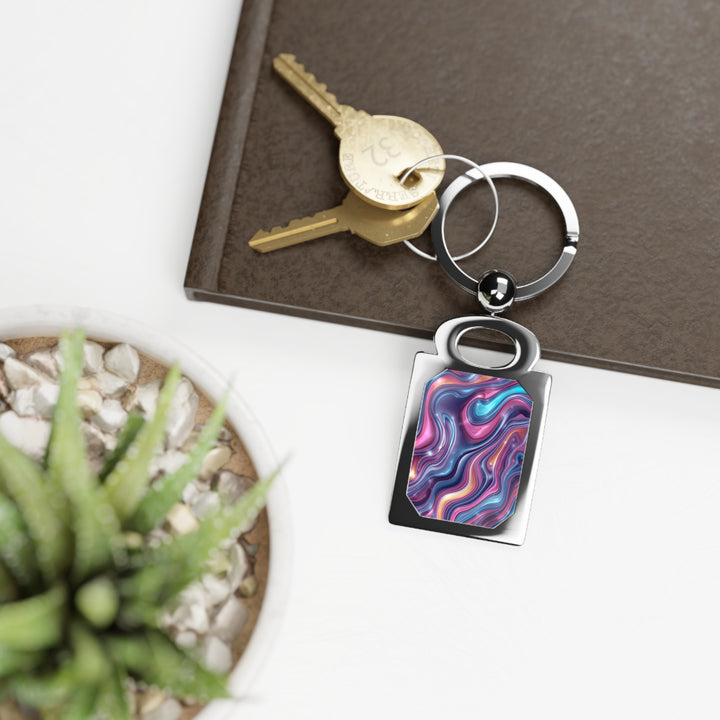 Personalized Rectangle Photo Keyring – Modern Iridescent Marble Swirl Gift