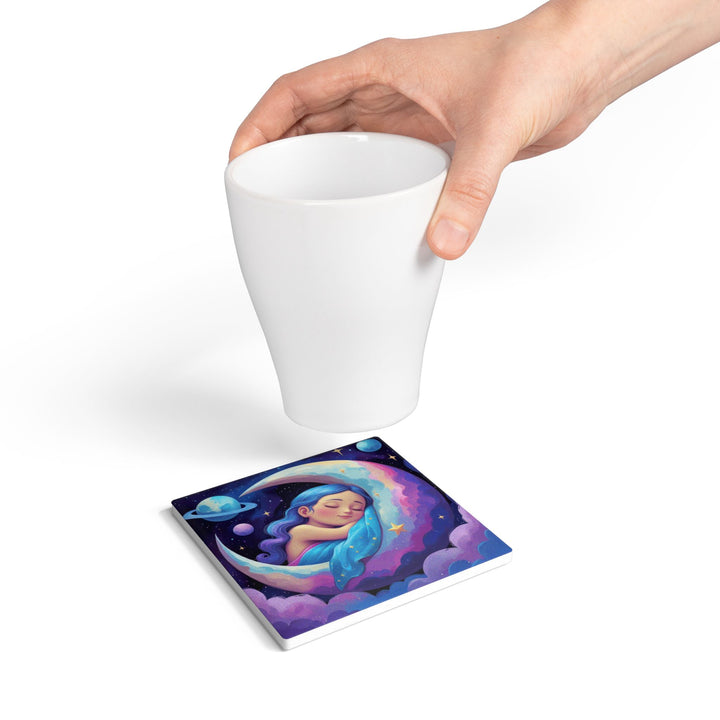 Dreamy Moon Girl Ceramic Coaster – Whimsical Celestial Night Decor