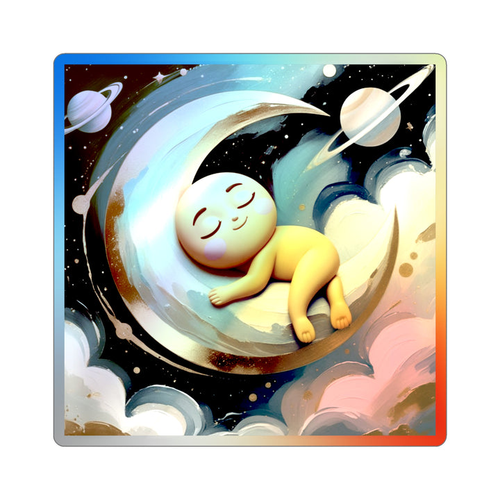 Holographic Baby Moon Sticker – Cute Celestial Die-Cut, Retro Shine!