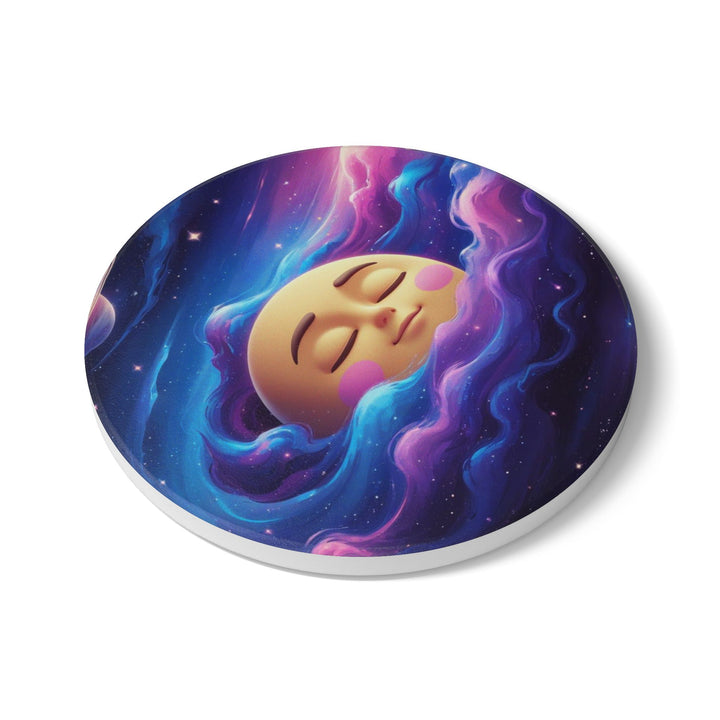 Whimsical Galaxy Moon Ceramic Coaster – Cute Space Decor, Cork Backed