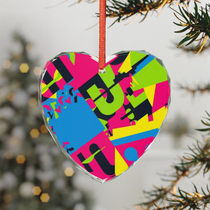 Crystal Glass Ornament – Bold Geometric Neon Art, Round or Heart Shape