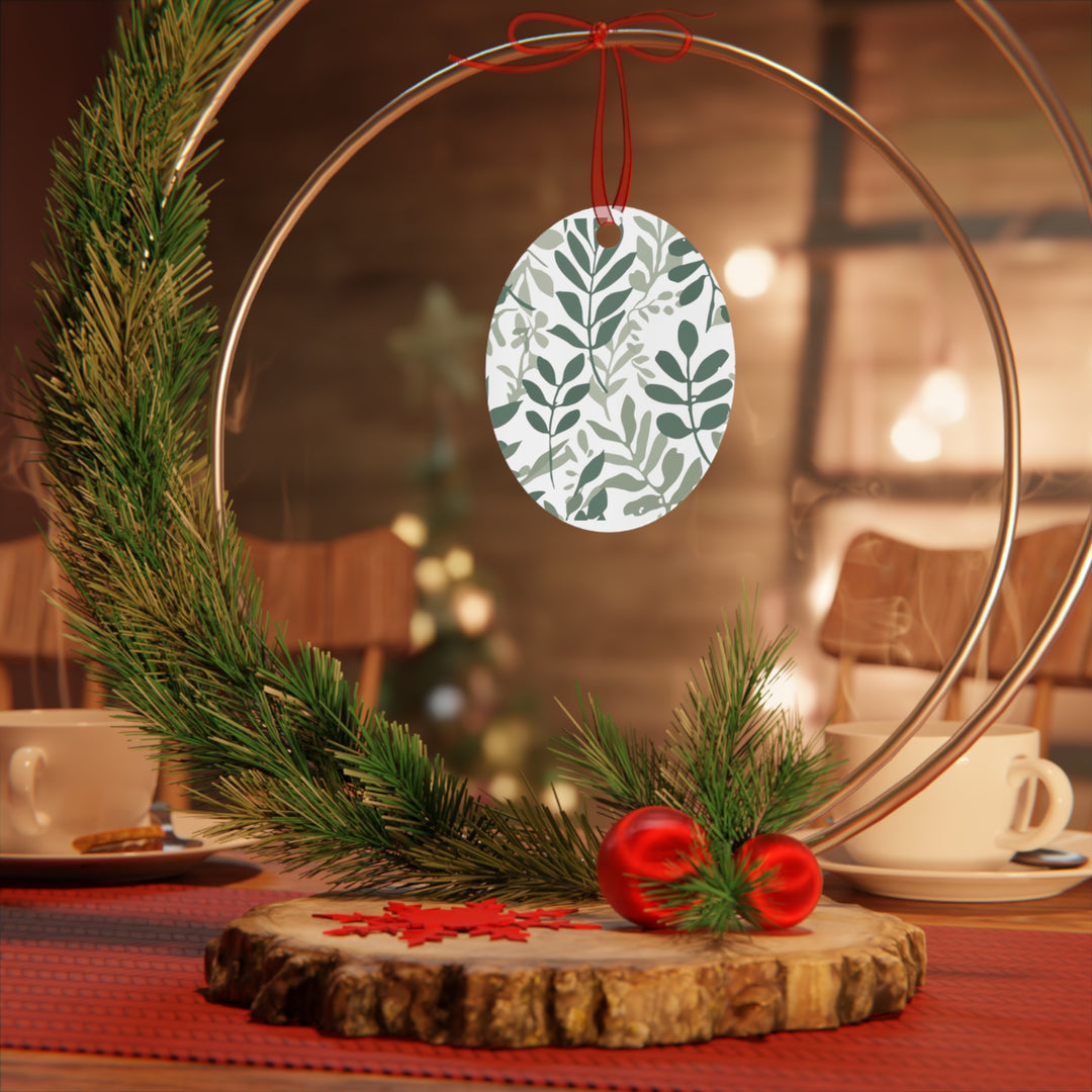Modern Botanical Metal Ornament – Hand-Drawn Green Leaves on Black, Customizable