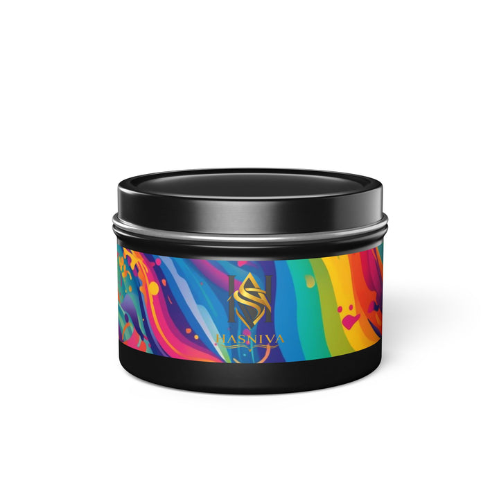 Hand-Poured Tin Candle – Vibrant Abstract Rainbow, Eco Coconut Soy, Gift-Ready