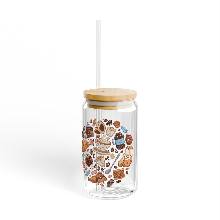 Whimsical Café Sipper Glass 16oz – Coffee & Dessert Cartoon Tumbler
