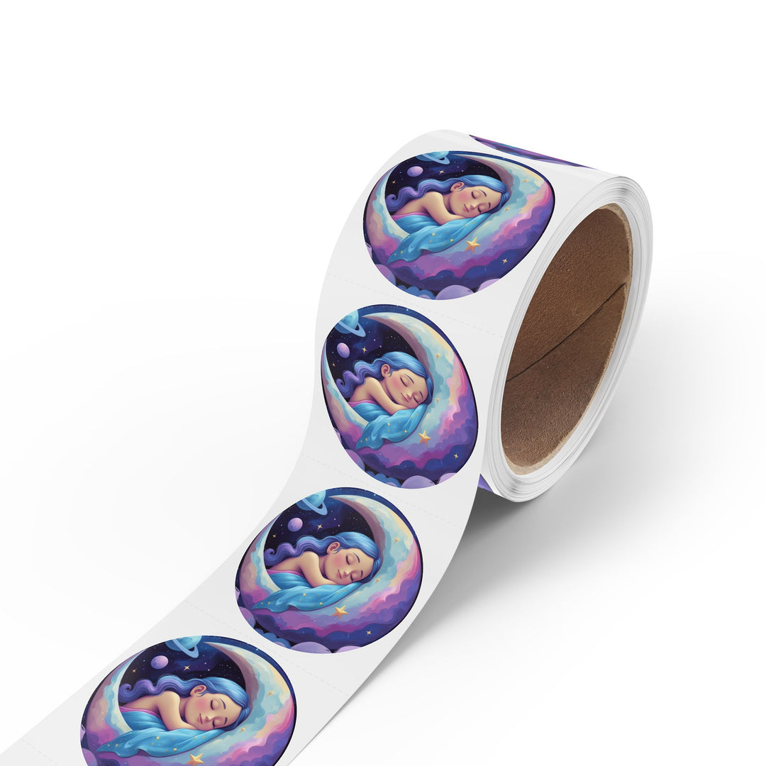 Dreamy Moon Girl Round Sticker Labels – Durable, Glossy, Celestial Rolls