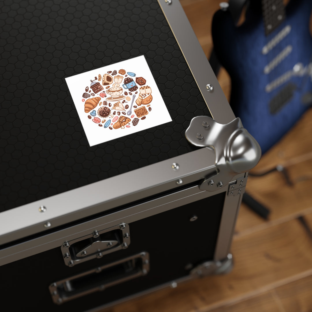 Coffee & Dessert Cartoon Square Sticker – Weatherproof Vinyl, Customizable