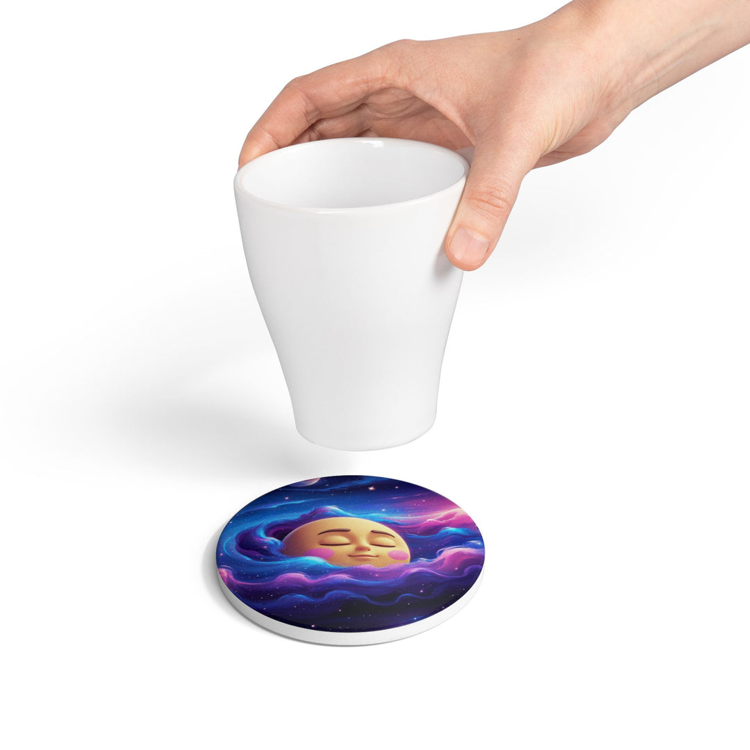 Whimsical Galaxy Moon Ceramic Coaster – Cute Space Decor, Cork Backed