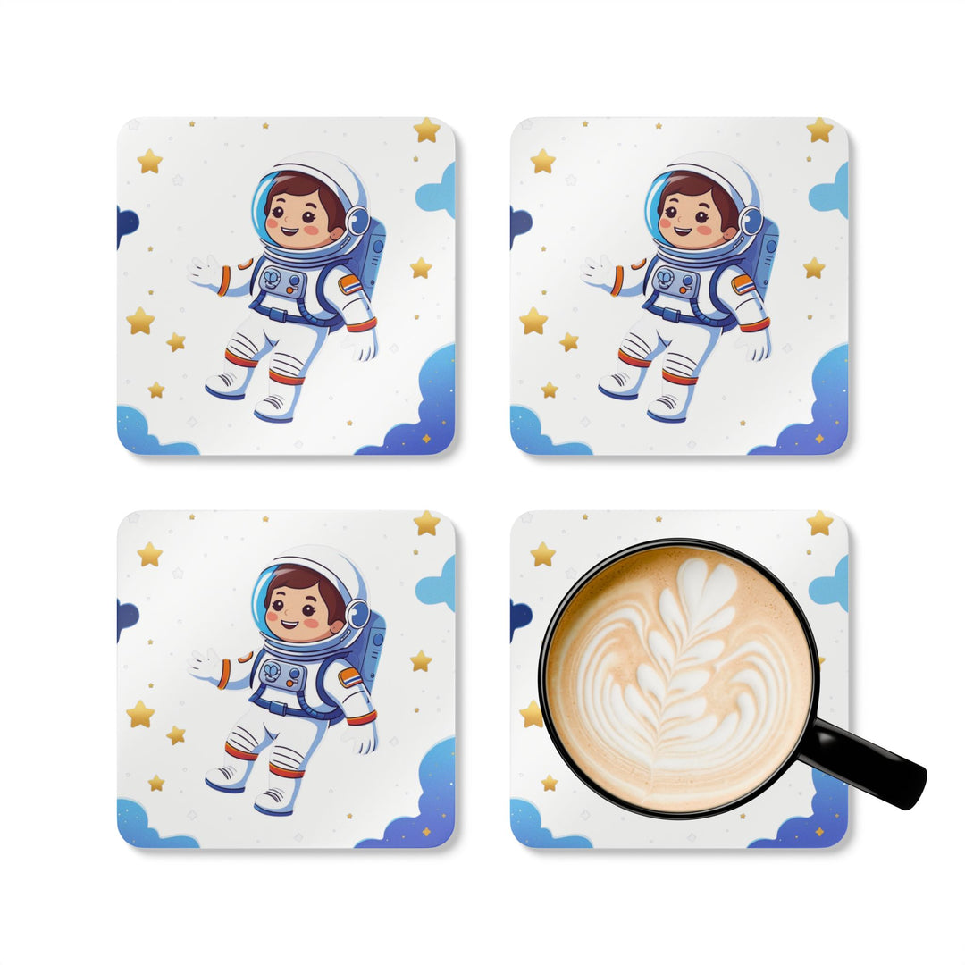 Space Astronaut Corkwood Coaster Set – Playful Kids Decor, High-Gloss, 4-Pack