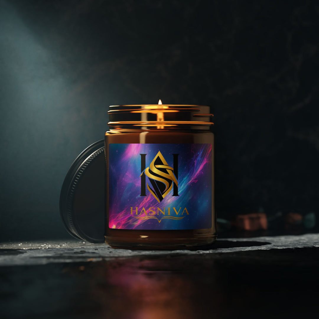 Cosmic Glow Scented Soy Candle: Amber Jar, Neon Swirl Design, 4oz/9oz
