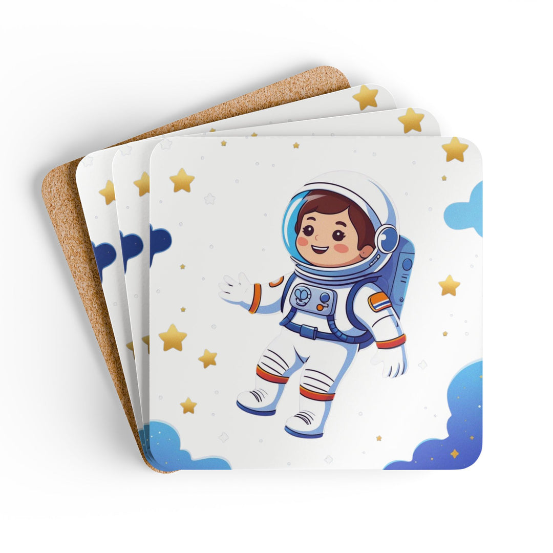 Space Astronaut Corkwood Coaster Set – Playful Kids Decor, High-Gloss, 4-Pack