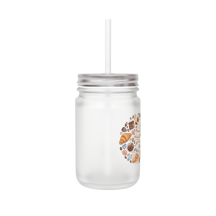 Custom Frosted Mason Jar – Cute Café Cartoon Design, 12oz, Lid & Straw