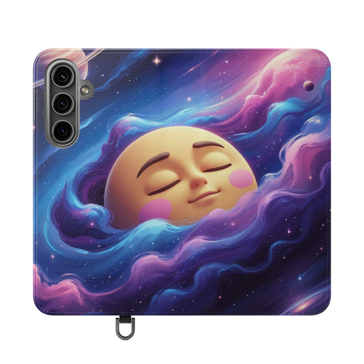 Dreamy Galaxy Flip Case – Cute Moon & Star Wallet Cover, Vegan Leather
