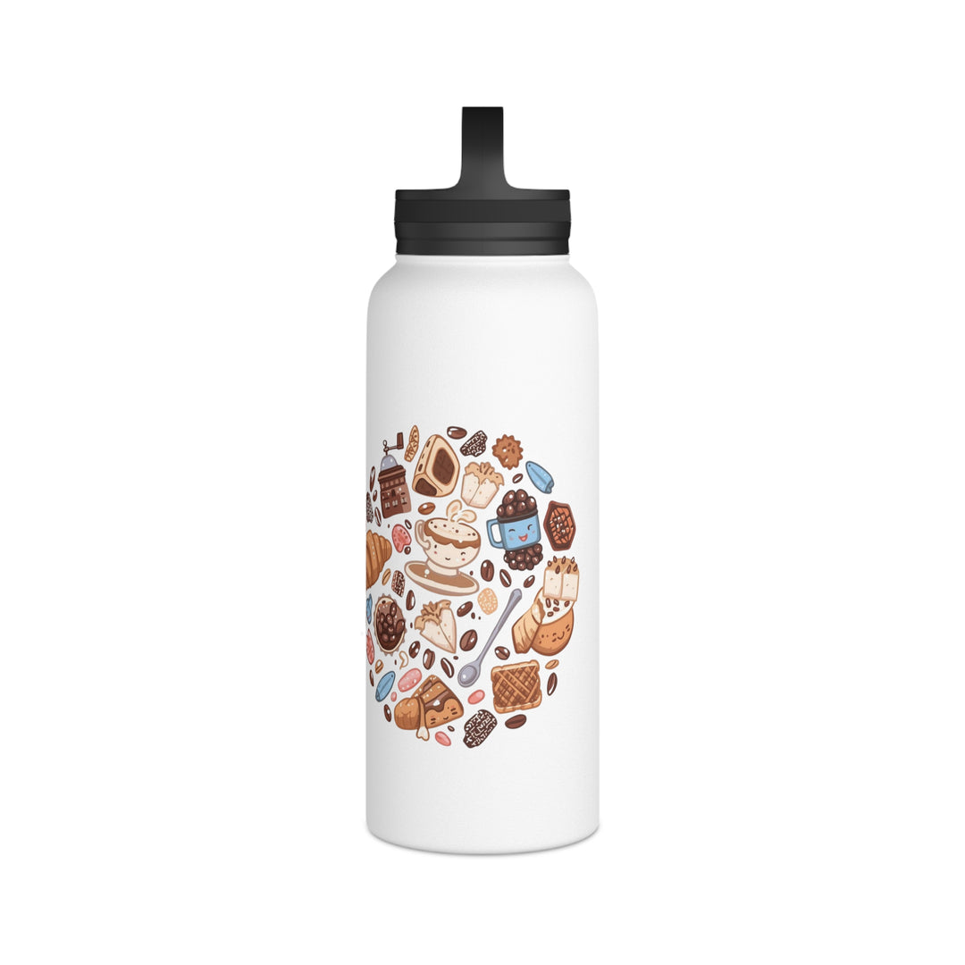 Whimsical Café Stainless Steel Water Bottle w/ Handle Lid – Leak-Proof, Insulated, Cute Cartoon Design
