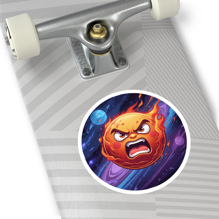 Fiery Cosmic Angry Sun Round Sticker – Durable Indoor/Outdoor Vinyl Decal